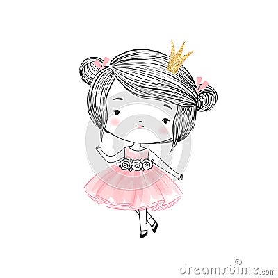 Lovely princess girl in hand drawn style and airy pink watercolor dress. Concept doodle character of a romantic but Vector Illustration