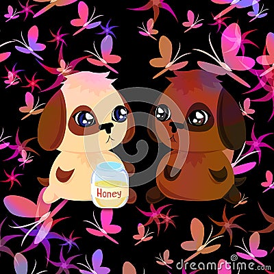 Lovely puppies are sitting in a butterfly Vector Illustration