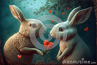 Lovely rabbit holds love heart. Generative AI Cartoon Illustration