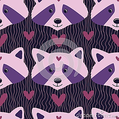 Lovely racoons in pink and purple colors for children linen or pajamas design Vector Illustration