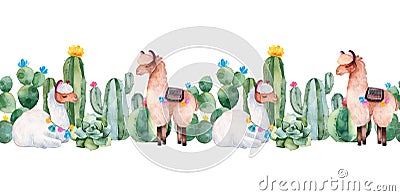 Lovely repeat border with green watercolor cactus,succulents,flowers and cute llamas Stock Photo