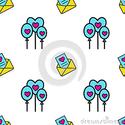 Lovely repeat pattern with multicolored envelope and balloons on the white background Vector Illustration