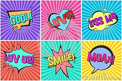 Lovely retro comic bubbles with kiss me, love, muah Stock Photo