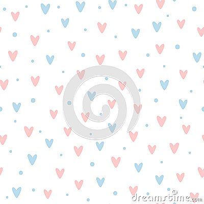 Lovely romantic seamless pattern. Repeated hearts and round dots. Drawn by hand. Vector Illustration