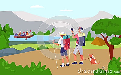 Lovely romantic touristic couple pedestrian walk outdoor travel, female male with dog trip boat flat vector illustration Vector Illustration