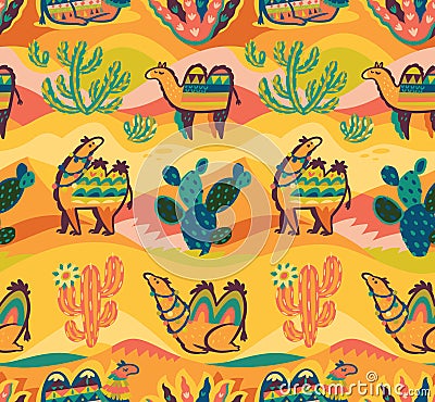 Lovely seamless pattern with camels, desert and cactuses in tribal style Vector Illustration