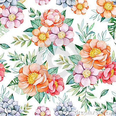 Lovely Seamless pattern with flowers,peonies,leaves,branches,roses,leaves Stock Photo