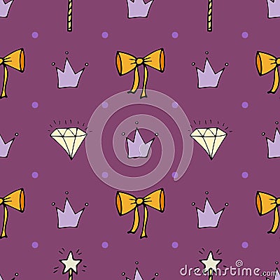 Lovely seamless pattern with hand-drawn bows, crowns, and diamonds Vector Illustration