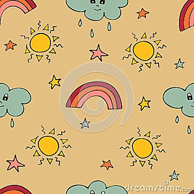 Lovely seamless pattern with the hand-drawn sun, clouds, rainbow Vector Illustration