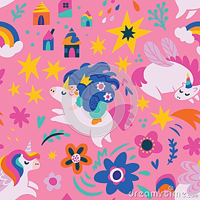 Lovely seamless vector pattern with cute unicorns, stars, houses and princess in the sky. Vector Illustration