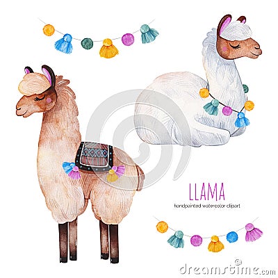 Lovely set with cute llamas and multicolored garlands Stock Photo