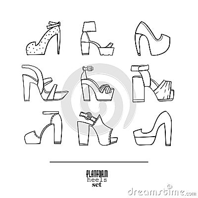 Lovely set with stylish fashion shoes, hand drawn and isolated on white background. Vector illustration showing various platform Cartoon Illustration