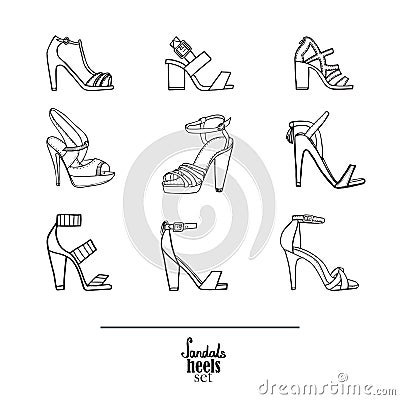 Lovely set with stylish fashion shoes, hand drawn and isolated on white background. Vector illustration showing various stiletto Cartoon Illustration