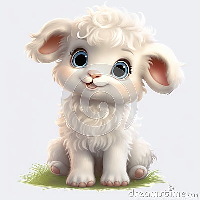 Lovely Sheep Cat: Cute Lamb Baby Sitting On Natural Grass Vector Illustration Cartoon Illustration