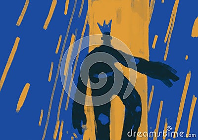 Lovely silhouette of a king wearing a crown advancing towards us and the yellow and blue rain expressionism painting, piece, king Stock Photo
