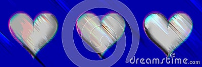 Lovely silver grey gradient effect three hearts on rich blue shiny background with glitch effect, love passion panoramic Stock Photo