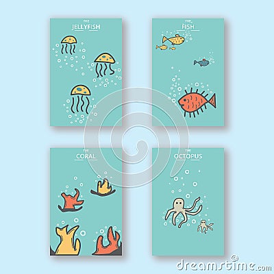 Lovely simple unique animal sea Handrawn Postcard Cover Design layout Vector Illustration