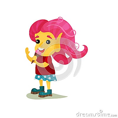 Lovely smiling girl troll with pink hair, funny fairy tale character vector Illustrations on a white background Vector Illustration