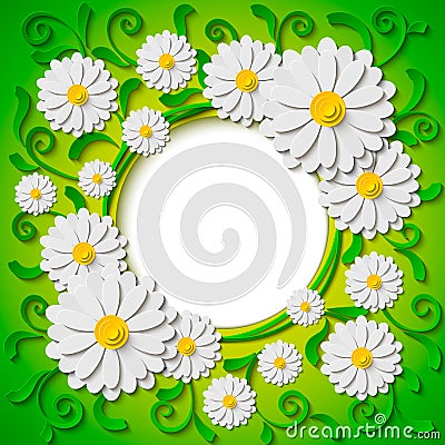 Lovely spring round frame with 3d paper cut out chamomiles Vector Illustration