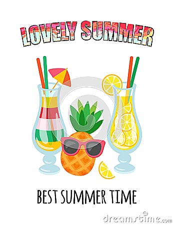 Lovely Summer, Best Time Cocktail and Lemonade Vector Illustration