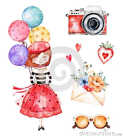 Lovely summer collection with young girl, multicolored balloons Stock Photo