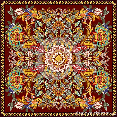 Lovely tablecloth ethnic indian flowers. Beautiful vector ornament. Card, bandana print, kerchief design, napkin. Bright Vector Illustration
