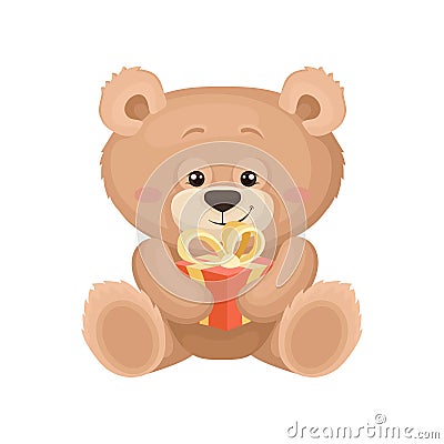 Lovely teddy bear sitting and holding small present. Gift for birthday. Plush toy. Flat vector for greeting card or Vector Illustration