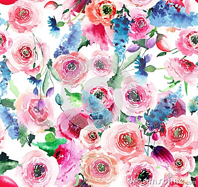 Lovely tender gentle elegant beautiful floral herbal gorgeous bright spring colorful wildflowers rose mallow delphinium Cartoon Illustration