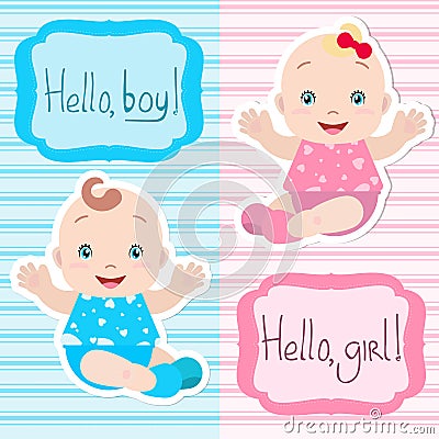 Lovely twins: vector babies boy and girl sitting, holding out hands, smiling. A frame with an inscription. Vector Illustration