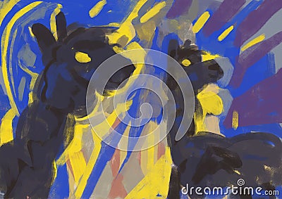 Lovely two alpaca with illumination color and energy with yellow and blue, concept art, grunge art and graffiti painting. Stock Photo