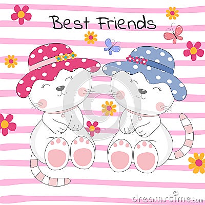 Lovely two cats with text best friends on colored background. Vector Illustration