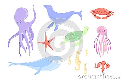 Lovely underwater animals set, clown fish, jellyfish, seahorse, starfish, whale, fur seal, turtle, octopus cute sea Vector Illustration