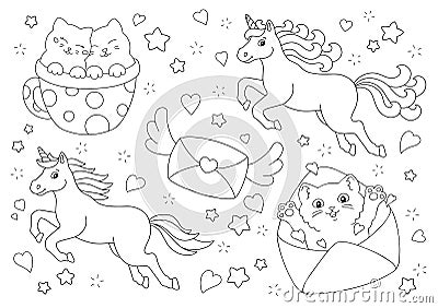 Lovely unicorns, cute cats, a flying envelope. Coloring book page for kids. Valentine`s Day. Cartoon style character. Vector Vector Illustration