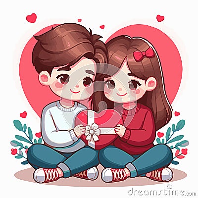 Lovely Vector Pair Holding Red Heart for Valentines Day Vector Illustration