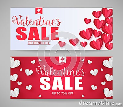 Lovely Vector Valentines Sale Banners with Paper Style Hearts Vector Illustration