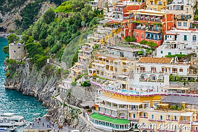 Lovely View from the Cliffside Village Positano, province of Salerno, the region of Campania, Amalfi Coast, Costiera Amalfitana, I Editorial Stock Photo