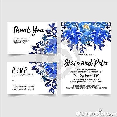 Lovely watercolor flower blue wedding invitation Vector Illustration