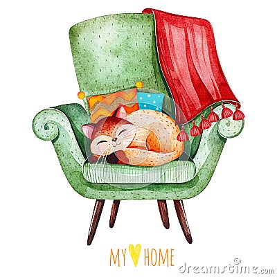 Sleeping cute kitten on cozy green chair with multicolored cushions and plaid Cartoon Illustration