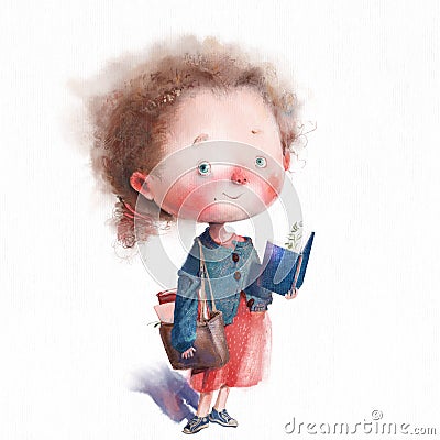 lovely watercolor little girl reading the book Stock Photo