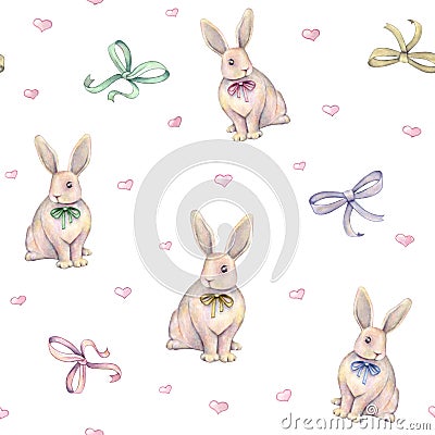 Lovely watercolor rabbit with bow on a white background. Watercolor drawing. Handwork. Seamless pattern Stock Photo