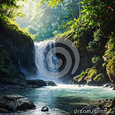 Lovely waterfall, Fantastic birds, Trees and roses with sea made with Generative AI Stock Photo