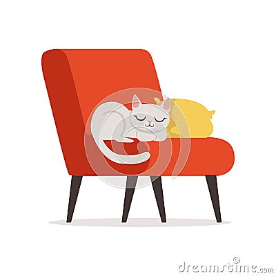 Lovely white cat sleeping on a pillow on a red retro armchair, home pet resting vector Illustration Vector Illustration