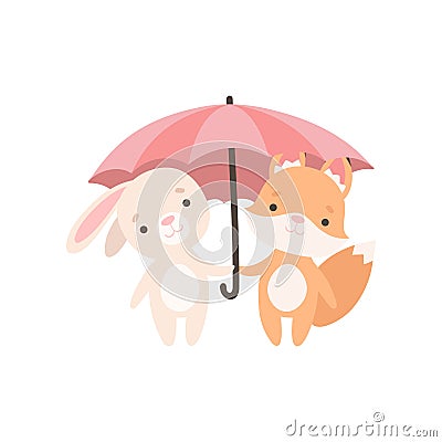 Lovely White Little Bunny and Fox Cub Standing under Umbrella, Cute Best Friends, Adorable Rabbit and Pup Cartoon Vector Illustration