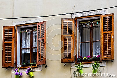 Lovely windows in Piran Stock Photo
