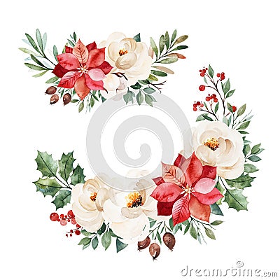 2 lovely winter bouquets with leaves,branches,flowers,berries,holly,poinsettia Cartoon Illustration