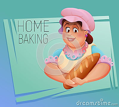 Lovely woman baker with baguette. Vector illustration. Vector Illustration