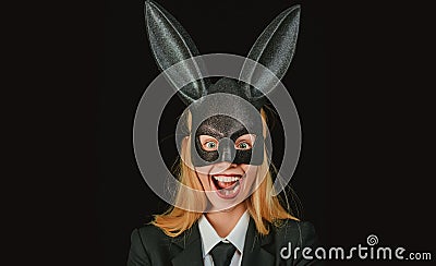 Lovely woman in rabbit costume. Sexy model dressed in costume Easter bunny. Woman rabbit easter bunny girl. Happy woman Stock Photo