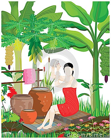 Lovely woman take a bath by bowl Vector Illustration