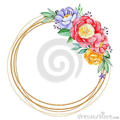 Lovely wreath with peony, rose, leaves, flowers, branches and berries Stock Photo