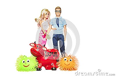 Lovely young couple, love cow and funny hedgehogs Stock Photo